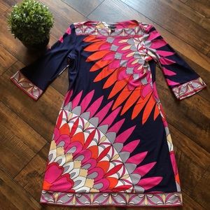 Fashionable, colorful knee-length dress.